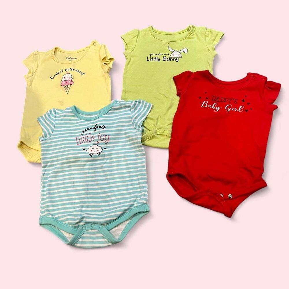 Babyoye set of 4 baby girl bodysuits, cute family-themed typography, 9-12m